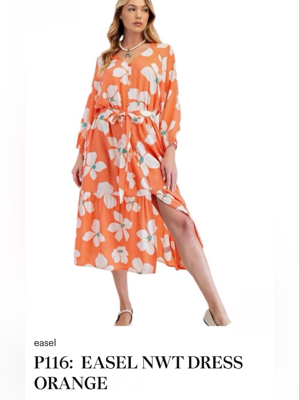 Easel NWT Coral-Orange Floral Button-Front Midi Dress with Tie Waist size Small